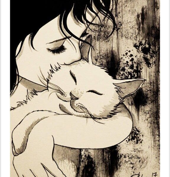 Sweet kiss - B&W mystical cat print by Raphaël Vavasseur