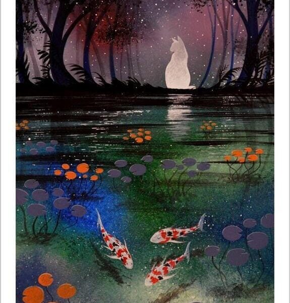 White cat lagoon - gentle feline art print by Raphaël Vavasseur