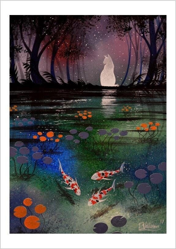 White cat lagoon - gentle feline art print by Raphaël Vavasseur