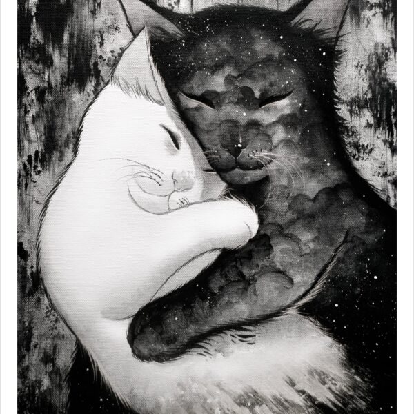 Nap in the Universe - monochrome feline art print by Raphaël Vavasseur
