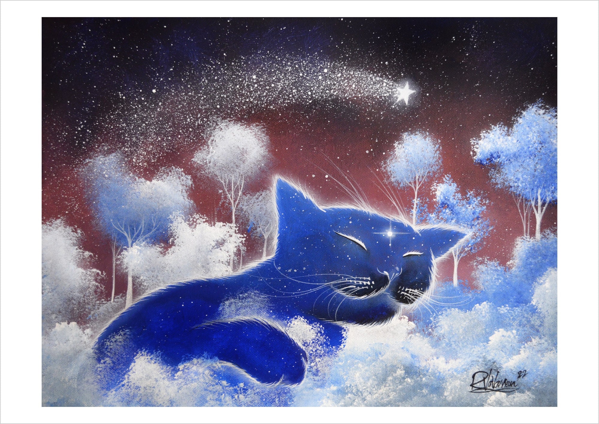 Indigo cat - mystical cat cloud art print by Raphaël Vavasseur