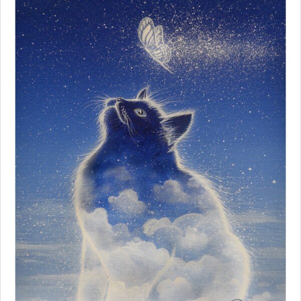 The indigo cat in the sky - gentle feline art print by Raphaël Vavasseur