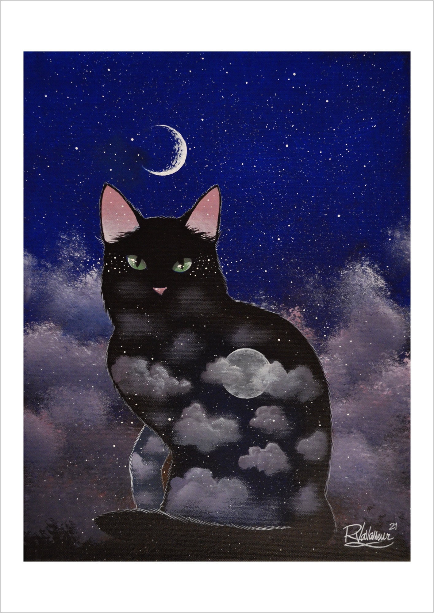 Full moon cat - moonlight mystical cat print by Raphaël Vavasseur