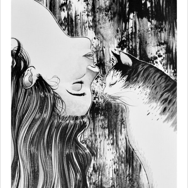 Fall for you - noir cat art print by Raphaël Vavasseur