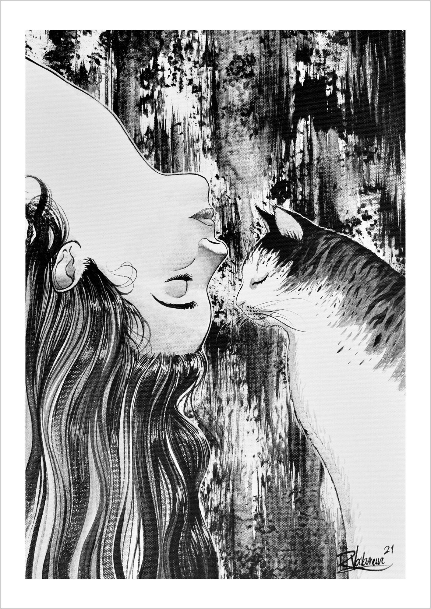 Fall for you - noir cat art print by Raphaël Vavasseur