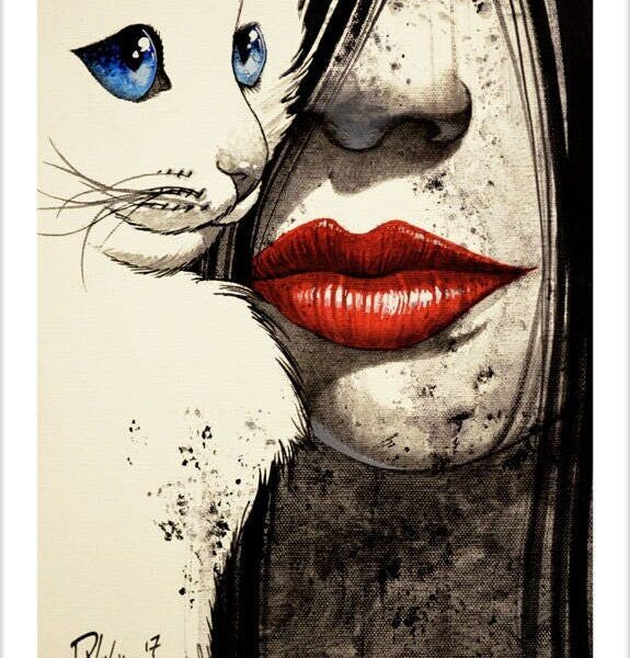 Cat & kiss - noir cat art print by Raphaël Vavasseur