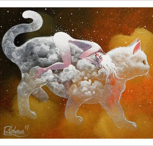 Sleep on the cloud - dreamy cloud cat art print by Raphaël Vavasseur