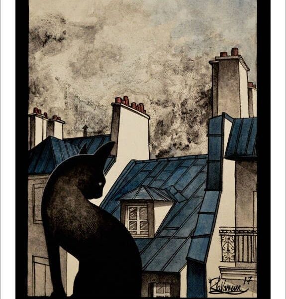 Paris black cat - Parisian cat art print by Raphaël Vavasseur