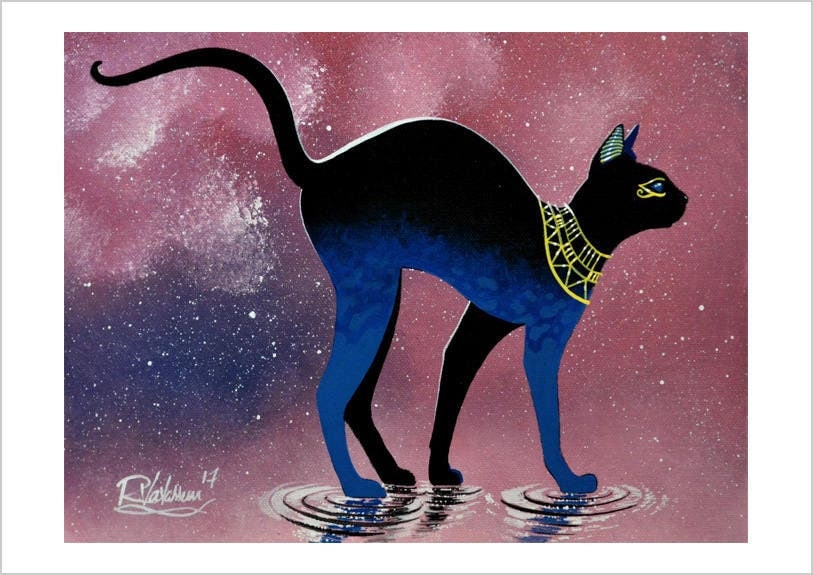 Bastet cat water - enchanted cat art print by Raphaël Vavasseur