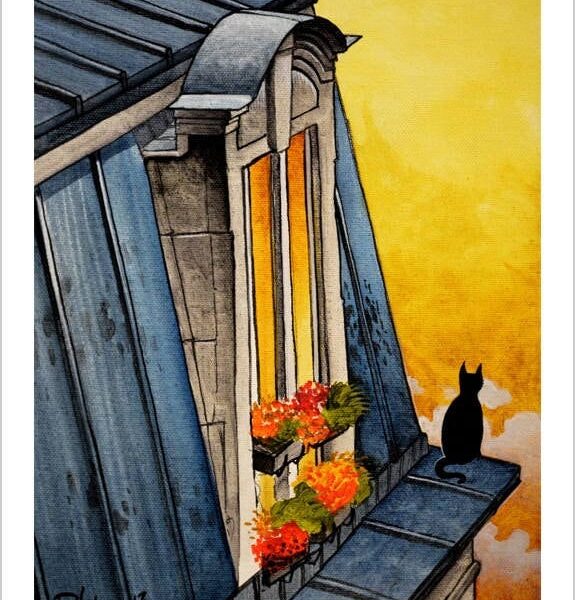The cat in Paris sky - Parisian cat art print by Raphaël Vavasseur