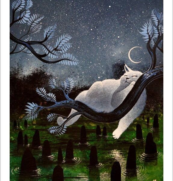 Sleep under the moon - cosmic cat art print by Raphaël Vavasseur