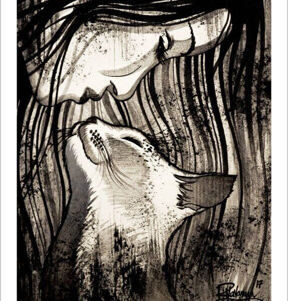 The cat's kiss - black and white cat art print by Raphaël Vavasseur