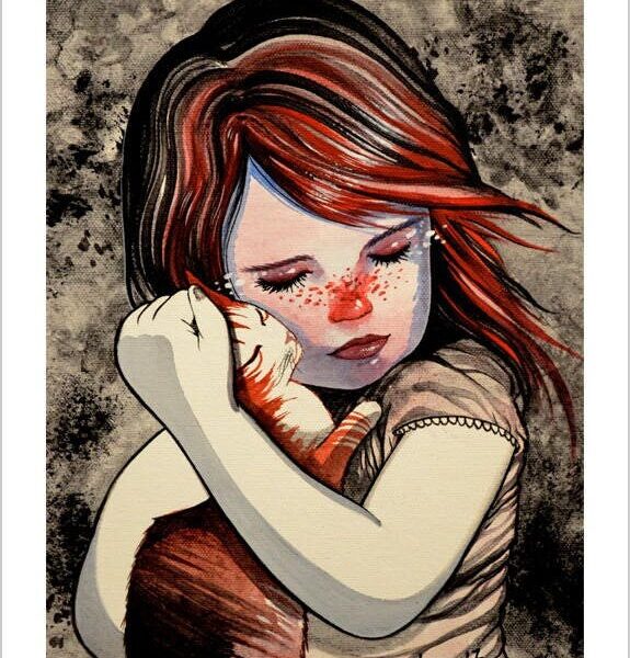 The little girl & the cat - delicate feline art print by Raphaël Vavasseur