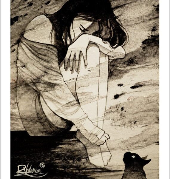 Saved by a cat - monochrome feline art print by Raphaël Vavasseur