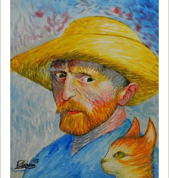 Vincent Van Gogh and cat - gentle feline art print by Raphaël Vavasseur