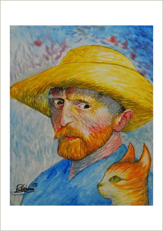 Vincent Van Gogh and cat - gentle feline art print by Raphaël Vavasseur