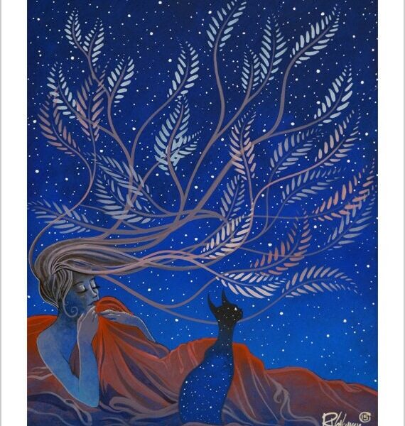 Waiting for the stars - starry feline art print by Raphaël Vavasseur