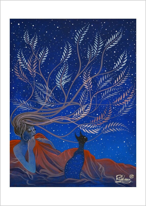 Waiting for the stars - starry feline art print by Raphaël Vavasseur