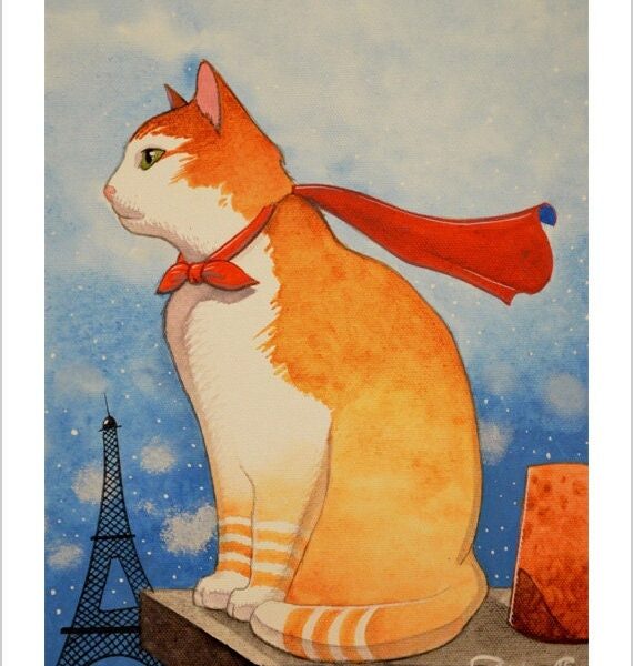 The roofs of Paris cat - Parisian feline artwork print by Raphaël Vavasseur