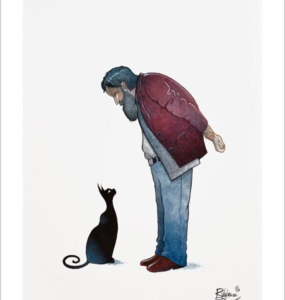 Old man & black cat - mystical cat art print by Raphaël Vavasseur