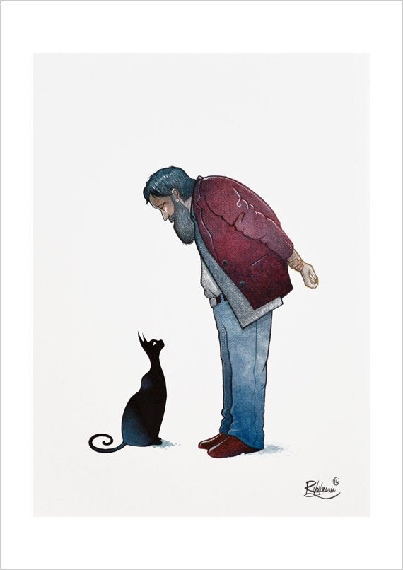 Old man & black cat - mystical cat art print by Raphaël Vavasseur