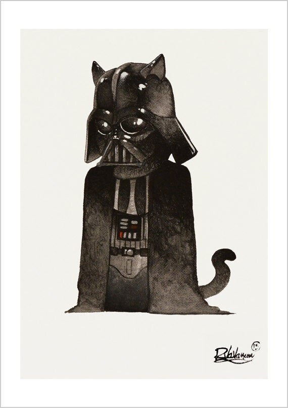 Darth vader cat - black and white cat art print by Raphaël Vavasseur
