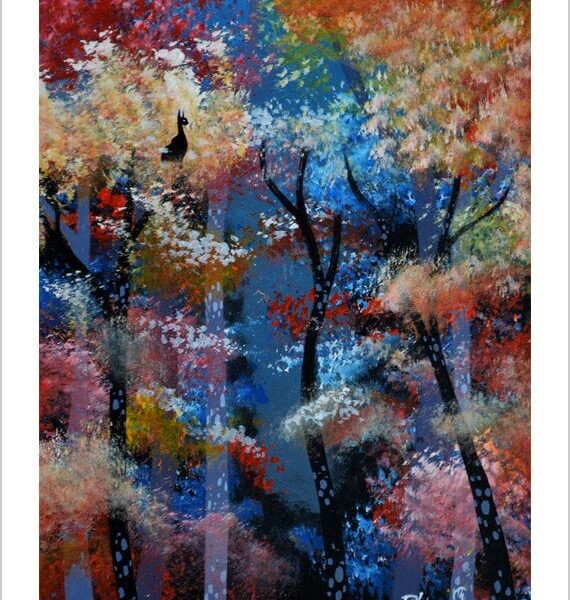 The cat in trees - enchanted cat art print by Raphaël Vavasseur