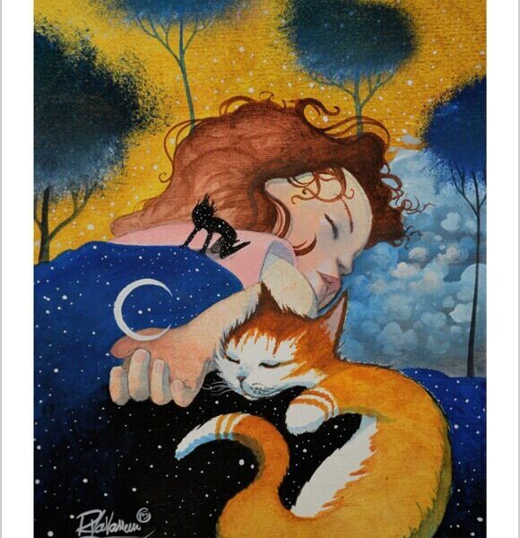 Secret night of cats - cosmic cat art print by Raphaël Vavasseur