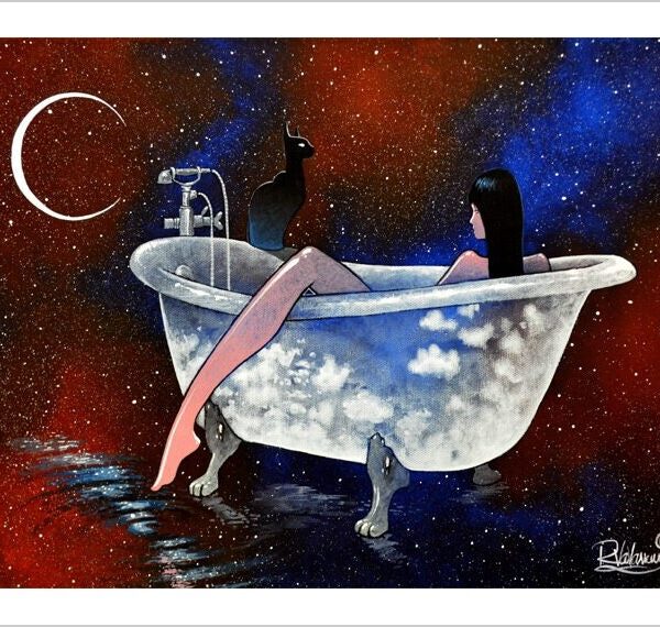 Cosmic bath - lunar feline art print by Raphaël Vavasseur
