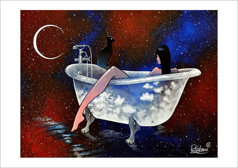 Cosmic bath - lunar feline art print by Raphaël Vavasseur