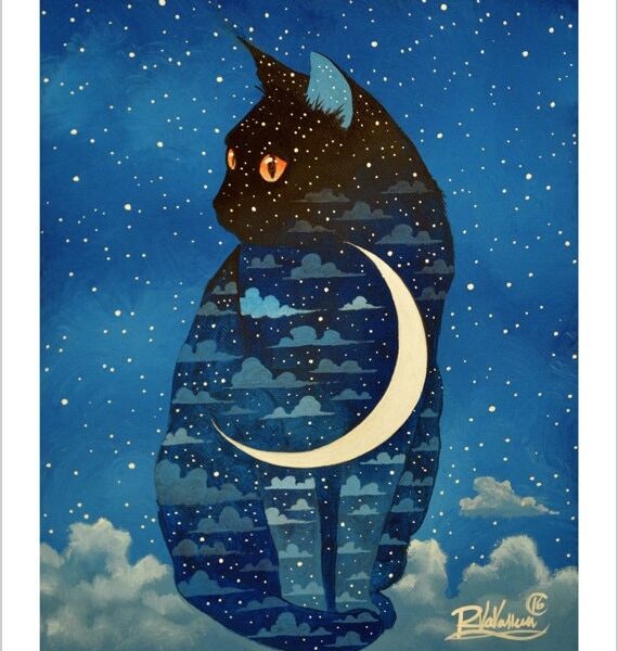 Moon cat - nocturnal feline art print by Raphaël Vavasseur