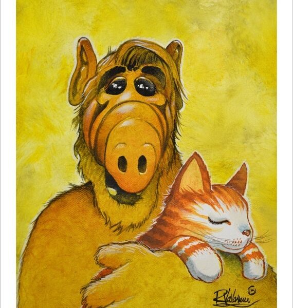 Alf makes peace with cat - soft mystical cat print by Raphaël Vavasseur