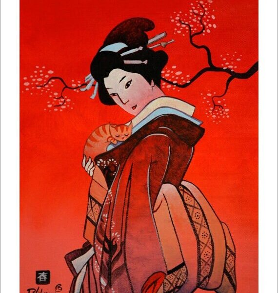 Japanese spring of cat - delicate feline art print by Raphaël Vavasseur