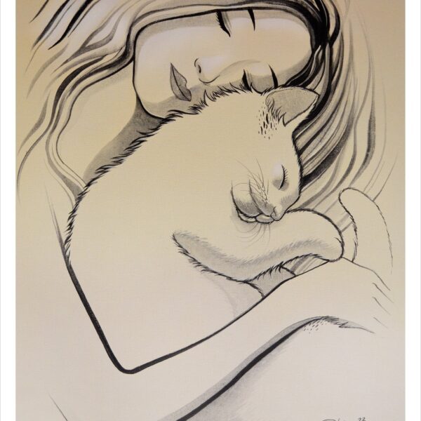 Dream with a cat - noir cat art print by Raphaël Vavasseur