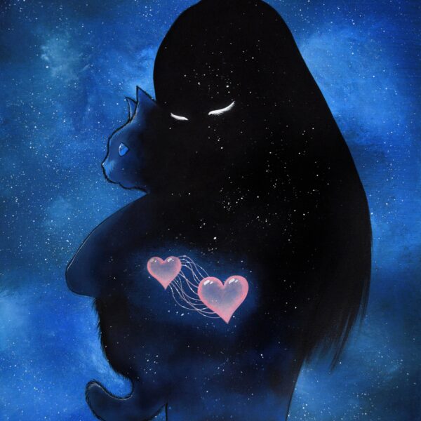 Bonds of the heart - original mystical cat painting by Raphaël Vavasseur