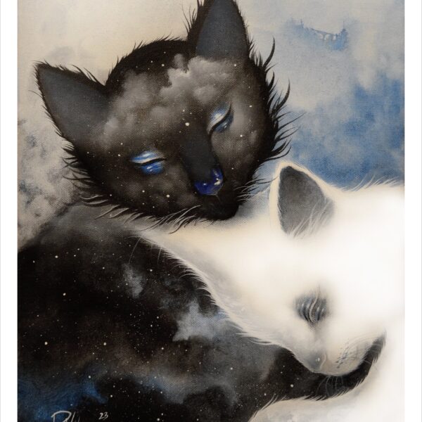Linked to the divine - noir cat art print by Raphaël Vavasseur