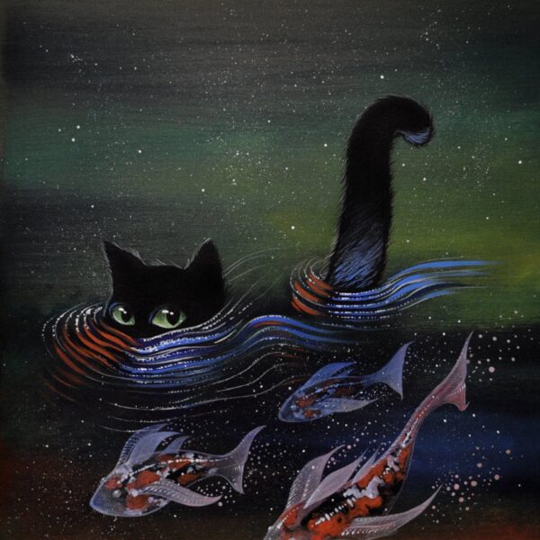 Under cosmic water - original cat painting by Raphaël Vavasseur