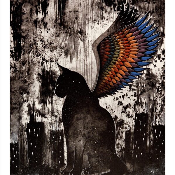 The dark city of the cat - magical feline art print by Raphaël Vavasseur