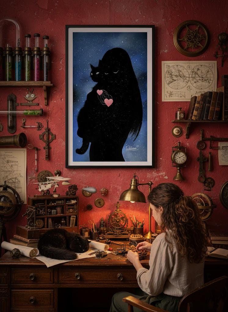 The heart links - soft pastel cat art print by Raphaël Vavasseur - close-up