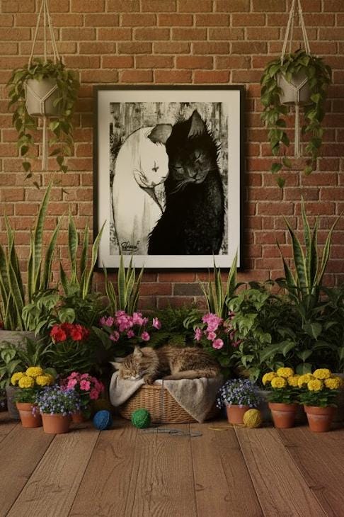 Soul mates - noir cat art print by Raphaël Vavasseur - close-up