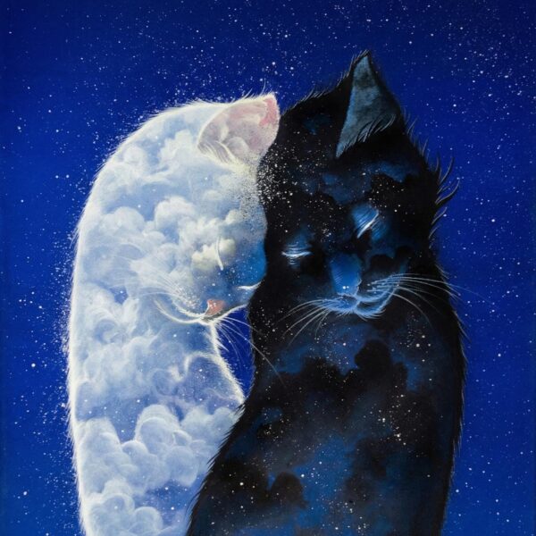 Love mates - original mystical cat painting by Raphaël Vavasseur